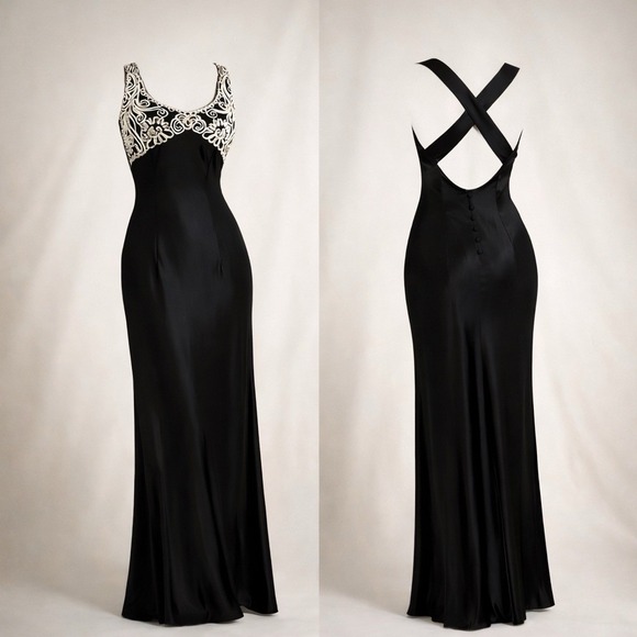 Vintage Roberta Black Satin Maxi Dress Sz 10 USA 90s Embellished Bodice Glam - Picture 2 of 9